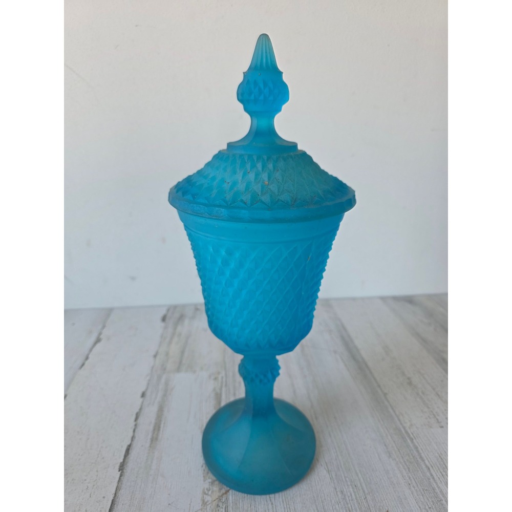 Vintage indiana frosted blue canister‎ diamond lidded pedestal apothecary candy
